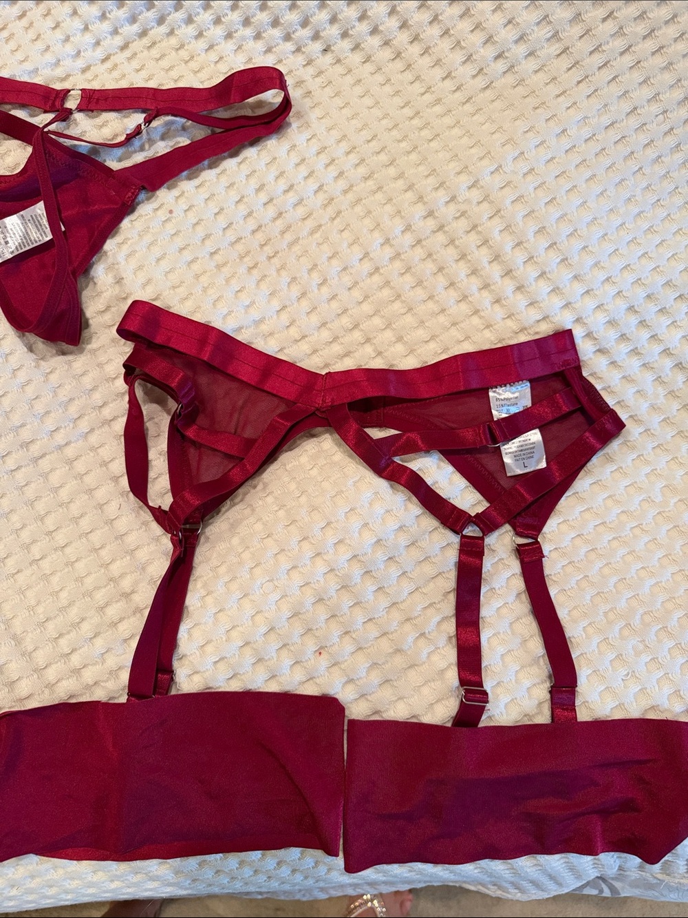 Strappy Lace-Up Bra, Thong & Garter Set in Burgundy - Picture 6 of 8